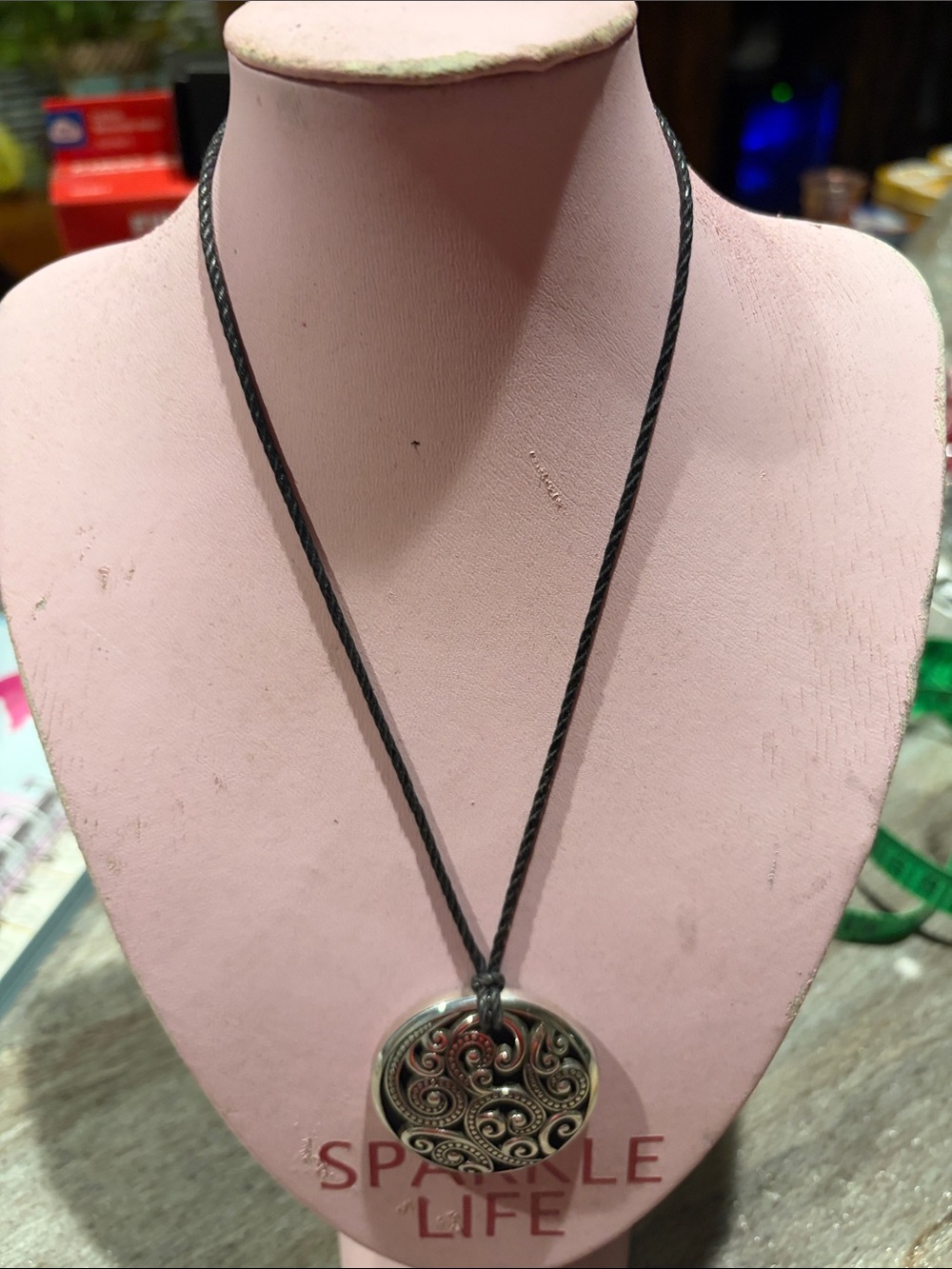 Brighton Silver-Tone Filigree Pendant on Black Cord